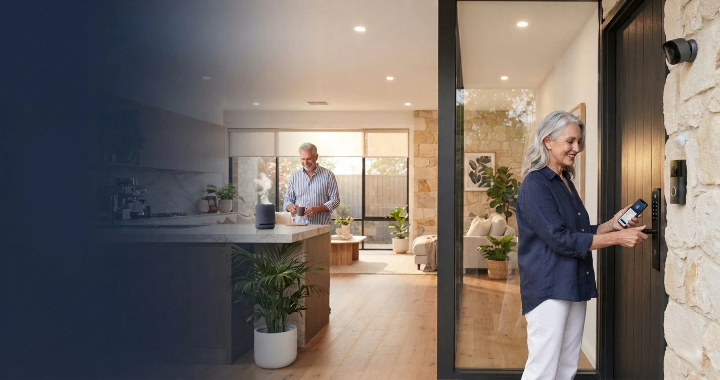 Ageing parents using smart technology at home, including a smart video doorbell and voice assistant